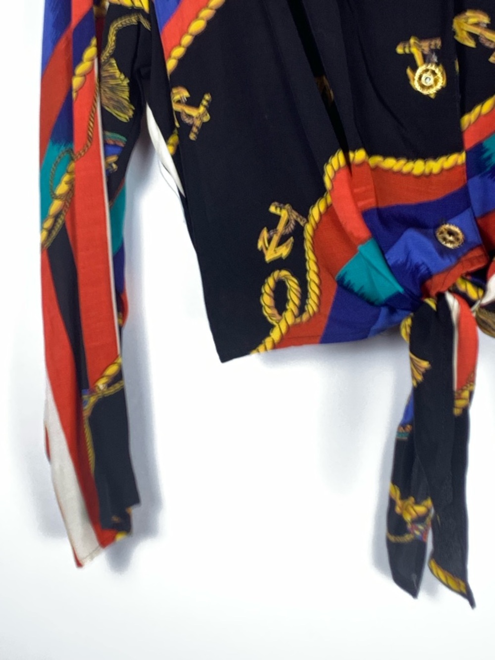 Women's Black Multi-Color Satin Button-Front Tie Blouse - Picture 8 of 15